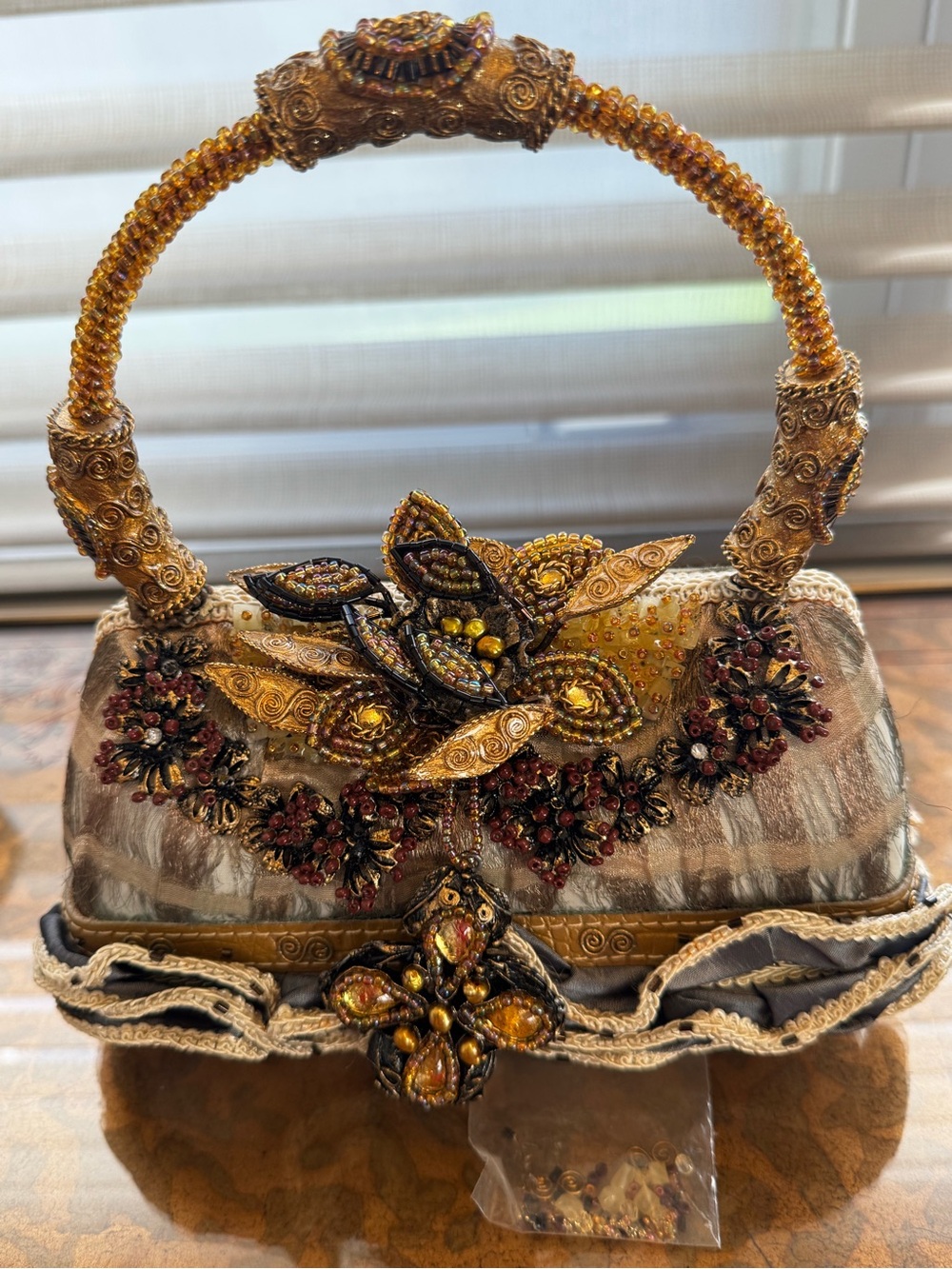 Mary Frances Gold Embellished Floral Beaded Clutch